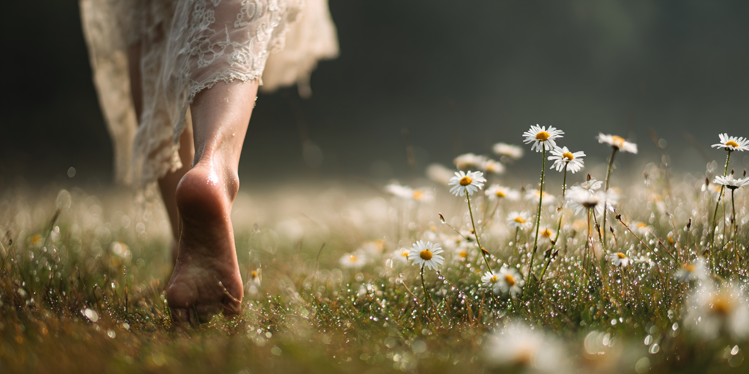 草原の中を歩きアーシングする女性