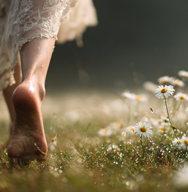 草原の中を歩きアーシングする女性